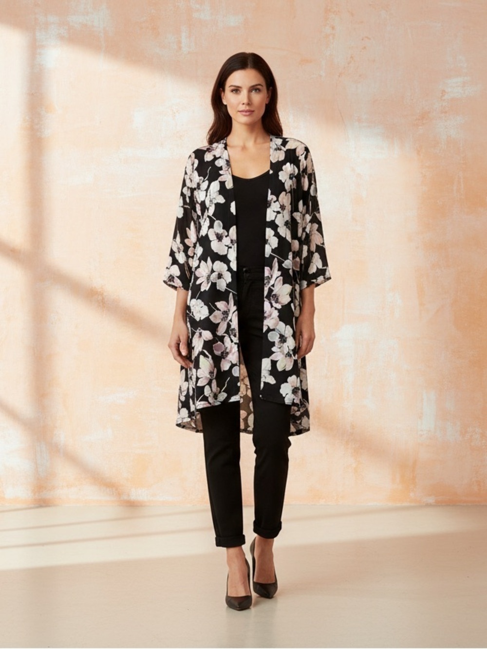 Dear Scarlett Floral Open-Front Kimono Black Background with Soft Blush Ivory